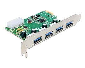 DeLOCK PCI Express x1-kort med fire blå USB Type-A-porte, vist skråt med portene langs metalbeslaget.
