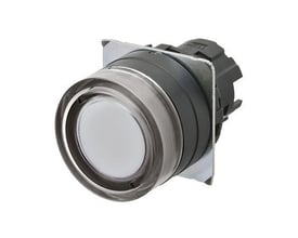 Omron A22NZ trykknap med 22 mm diameter, oplyst, gennemsigtig hvid hætte og plast bezel.