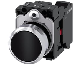 Siemens Sirius Act trykknap i sort metal med rund, flad betjeningsflade og 22mm diameter.
