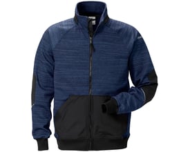 Fristads Gen Y 7052 sweatjakke i marineblå og sort set forfra med gennemgående lynlås, lommer og ribkanter, størrelse XL.