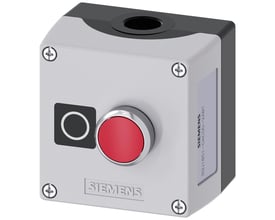 Siemens trykknapkasse med rød trykknap, 1 NC kontakt og 22mm diameter, gråt kabinet og skrueterminaler.