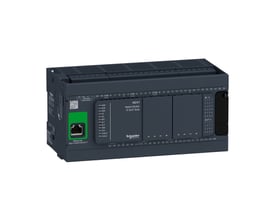 Schneider Electric Modicon M241 PLC med 24VDC forsyning, 24 indgange og 16 NPN udgange, med integreret Ethernet og Modbus kommunikation.