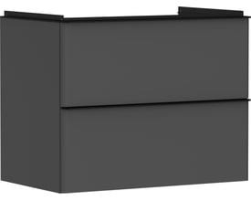 Hansgrohe Xelu Q vaskeskab i mat diamantgrå med to skuffer og aluminiumsgreb, vist isoleret mod hvid baggrund.