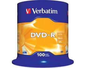 Verbatim DVD-R-medier med AZO-teknologi ses i blå og orange spindelemballage; etiketten angiver 16x og 4,7 GB.