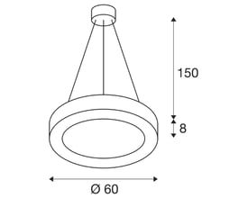 Målskitse af den hvide SLV Medo ring 60 LED-pendel med ringformet skærm og ophæng.