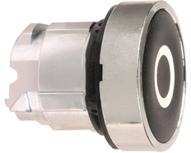 Schneider Electric ZB4BA232 sort trykknap med plan overflade og 22mm diameter. Nærbillede af funktionen og metalringen.