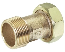 Kemper forskruning med 1" udvendigt gevind og 3/4" nippel, lavet af rødgods med EPDM pakning.