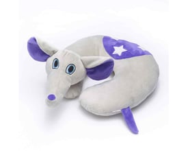 En grå og lilla Travel Blue Flappy the Elephant rejsepude til nakken, præsenteret isoleret mod en hvid baggrund.