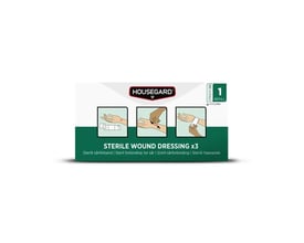 Emballagen til Housegard sterilt sårforbinding viser tre illustrationer af påsætning samt mærkningen x3.