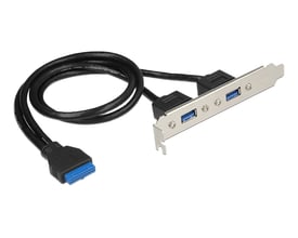 DeLock slotbeslag med to blå USB 3.0-porte og kabel med internt 19-pin USB 3.0-stik, set skråt.