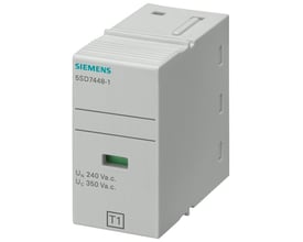 Siemens 5SD744-1 overspændingsbeskyttelsesmodul, 1-polet, type 1 L-N, 350V UC, med grøn indikator og T1 mærkning.