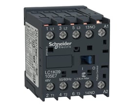 Schneider Electric TeSys K kontaktor, 9A, 3-polet plus 1 NO-kontakt, med 48V AC spole og tydelige mærkninger.