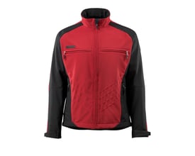 Detaljeret billede af Mascot Dresden softshelljakke i rød og sort, viser lynlåse, syninger og Mascot logo på brystet.