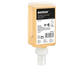 Katrin cremesæbe 48441 i 500 ml beholder til dispenser, vist forfra med transparent doseringskobling.