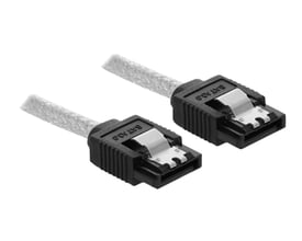 DeLock SATA 6 Gb/s datakabel på 20 cm med sort stik og metalclip på hvid baggrund.