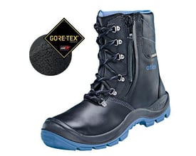 Atlas sikkerhedsstøvle GTX 945 XP Thermo i sort læder med blå sål og snørebånd, med GORE-TEX logo.