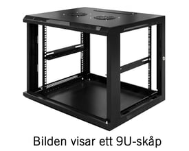 Åbent sort Toten-vægskab til 19-tommers rack, angivet som 6U; billedteksten på produktbilledet siger 9U.