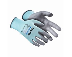 Uvex skærefaste handske CUT B Phynomic C3 i str. 9, lavet af lyseblåt strikket materiale med grå polymer skumbelægning på fingre og håndflade.