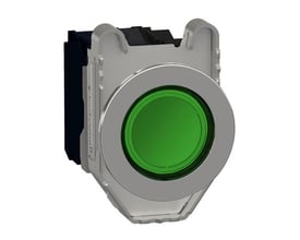 Schneider Electric Harmony XB4/ZB4 komplet lampetryk i metal med grøn flush trykflade og synligt bagmonteret modul.