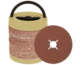 Tyrolit Cerabond X fiberrondel til stål og rustfrit stål i beige beholder med en fiberrondel foran.