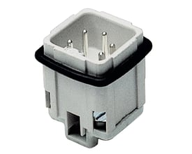 Procon A-stikindsats 4P+J, 10A/250-400V, med synlige skrueklemmer og fire metalstifter. Grå plast og sort pakning.