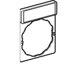 Teknisk illustration af Schneider Electric skilt, gul/hvid, 30x40mm, der viser monteringsmekanismen og pladsen til trykknap.