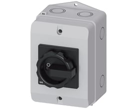 Siemens SENTRON 3LD2 hovedafbryder, 3-polet, 32 A og 400 V, i gråt kabinet med sort drejegreb.