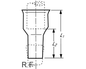 Teknisk tegning af Loro overgangsnippel med dimensioner L1 og L2 vist med stiplede linjer for rør.