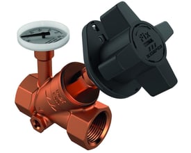 Kemper Multi Fix+ cirkulationsventil i rødgods med sort indstillingsgreb og termometer, 3/4", DN 20.