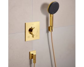 Hansgrohe Raindance Alive Select S brusesæt i skinnende guld med grafitfarvet brusertallerken monteret på en lys, neutral væg.