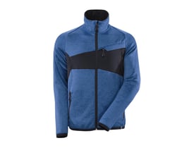 Frontbillede af Mascot Fleece Accelerate jakke i azurblå og sort, viser fuld lynlås, krave og logo detaljer.