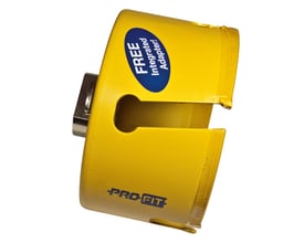 PRO-FIT 121 mm HM hulsav i gul metal med blå oval mærkat der angiver 'FREE Integrated Adapter'.