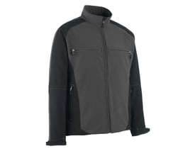 Mascot softshell jakke i mørk antracit og sort, størrelse 2XL, vist fra siden for at vise pasform og design med lynlås.