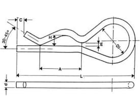 Teknisk tegning af fjedersplit type B med dimensioner som L, D, A, E, DI, H og C samt vinkel 30-45 grader.