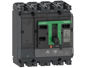 Schneider Electric ComPacT NSX250F maksimalafbryder, 4-polet, med 125A termisk-magnetisk enhed og grønt betjeningshåndtag.