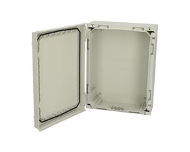 Fibox NEO kapsling åben, viser interiøret med monteringsskinne og dæksel med tætningsliste.