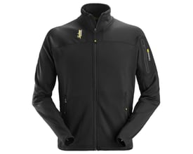 Detaljeret billede af sort Snickers Workwear microfleece jakke i str. XS med synlige lynlåse og logo på brystet.