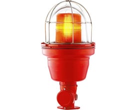 Sirena EX blinklampe i orange med beskyttende metalbur, designet til 12/24V AC/DC og eksplosionsfarlige områder.