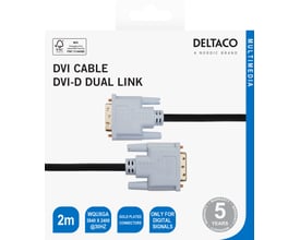 Emballagen til Deltaco DVI-D dual link-kabel på 2 meter viser det sorte kabel og dets stik.