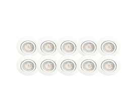 Scan Products Luna Quick Install GU10 downlights, 10 stk i mat hvid med 5W LED lyskilde, vist på hvid baggrund.