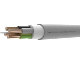 Halogenfrit installationskabel 4x10 mm² lysegrå med synlige kobberledere og isoleringslag. DCA-mærket kabel på 500m tromle.