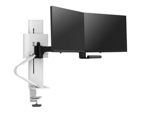 ERGOTRON TRACE monteringssæt til to LCD-skærme i hvid, vist monteret med to sorte skærme på en arm.