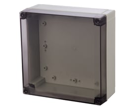 Fibox MNX kabinet 180x180x75 mm med transparent røgfarvet polycarbonat dæksel og grå bund.
