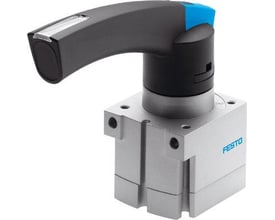 Festo handlever ventil VHER-P-H-B43C-B-G18 med sort håndtag og blå detalje på grå aluminiumskrop.