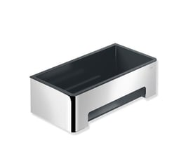 HEWI System 900 brusehylde på 220 x 115 x 67 mm med blank holder og mørk indsats, set skråt ovenfra.