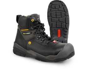 Jalas Jupiter 1828 S3 sikkerhedsstøvle i sort læder med stål tåhætte og gummiydersål, vist fra siden med en støvle vendt.