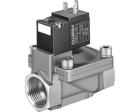 Festo magnetventil MN1H-2-3/8-MS, med tilslutninger af messing og sort spole med mærkning.