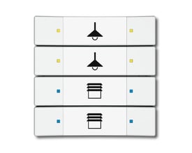 ABB KNX betjeningselement i hvid med 4/8-tryk, viser symboler for lys og persienner samt gule og blå markeringer.