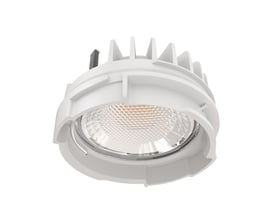 Ansell Lighting Prism Pro XM anti-blændende erstatningslyskilde med rund reflektor og køleribber, set nedefra.