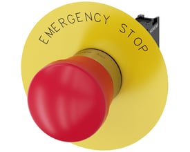Siemens nødstoptryk med 22mm diameter, rund metal i højglans rød med inskriptionen 'EMERGENCY STOP' på gul baggrund.